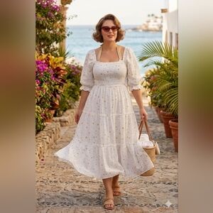7-0329 Retro Swim Coverup Dress-White Star-Print Puff Sleeve Midi Dress